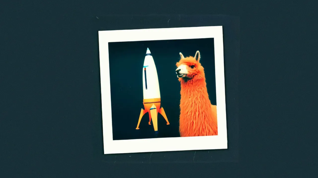 polaroid of an orange lama next to a small rocket