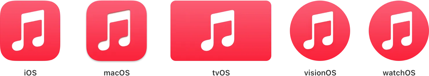 App icons with a simple white music symbol on a red gradient background.