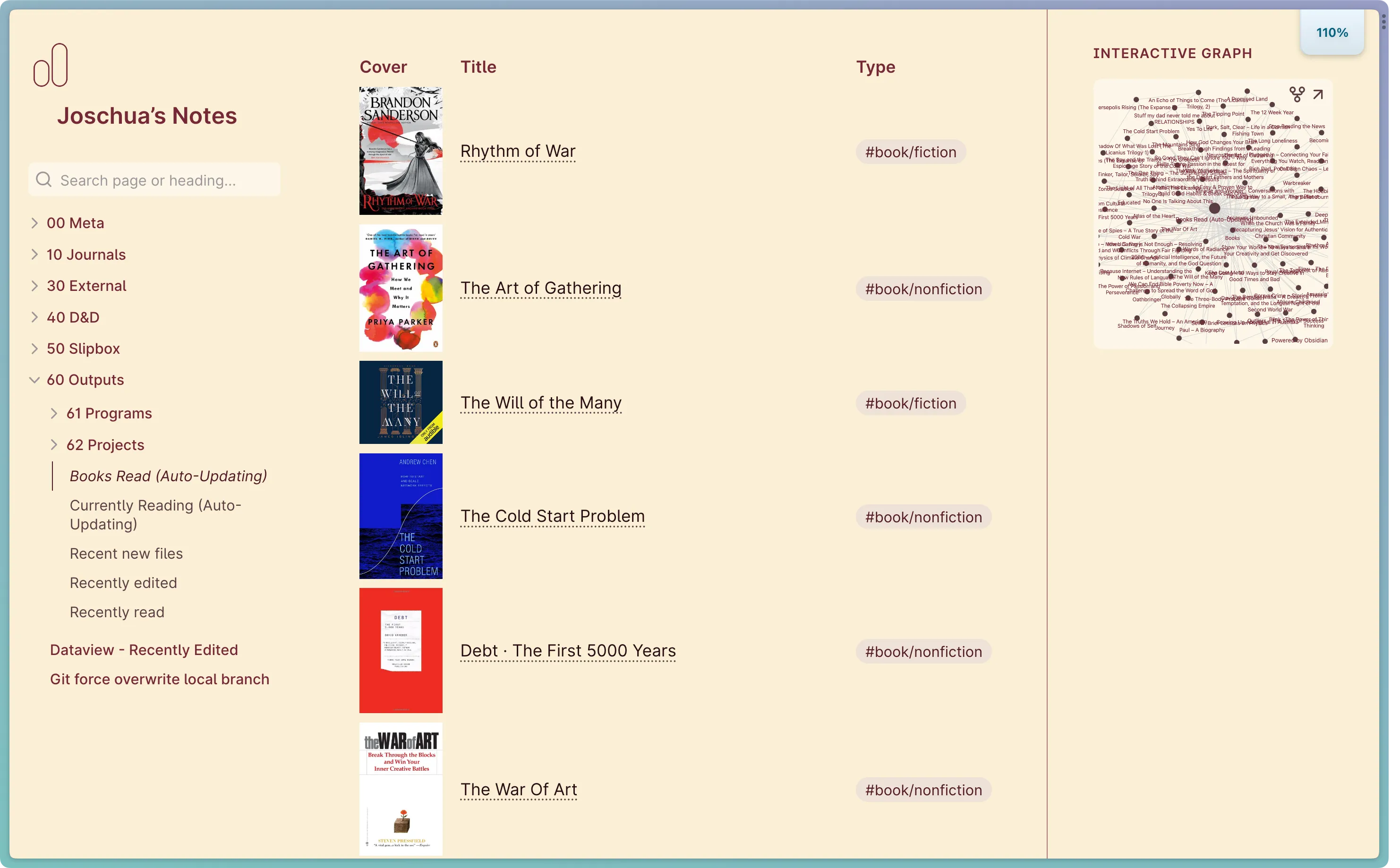 Obsidian Publish site showing a table of books with three columns: Cover (showing the thumbnail), title and type (eg. non-fiction or fiction)