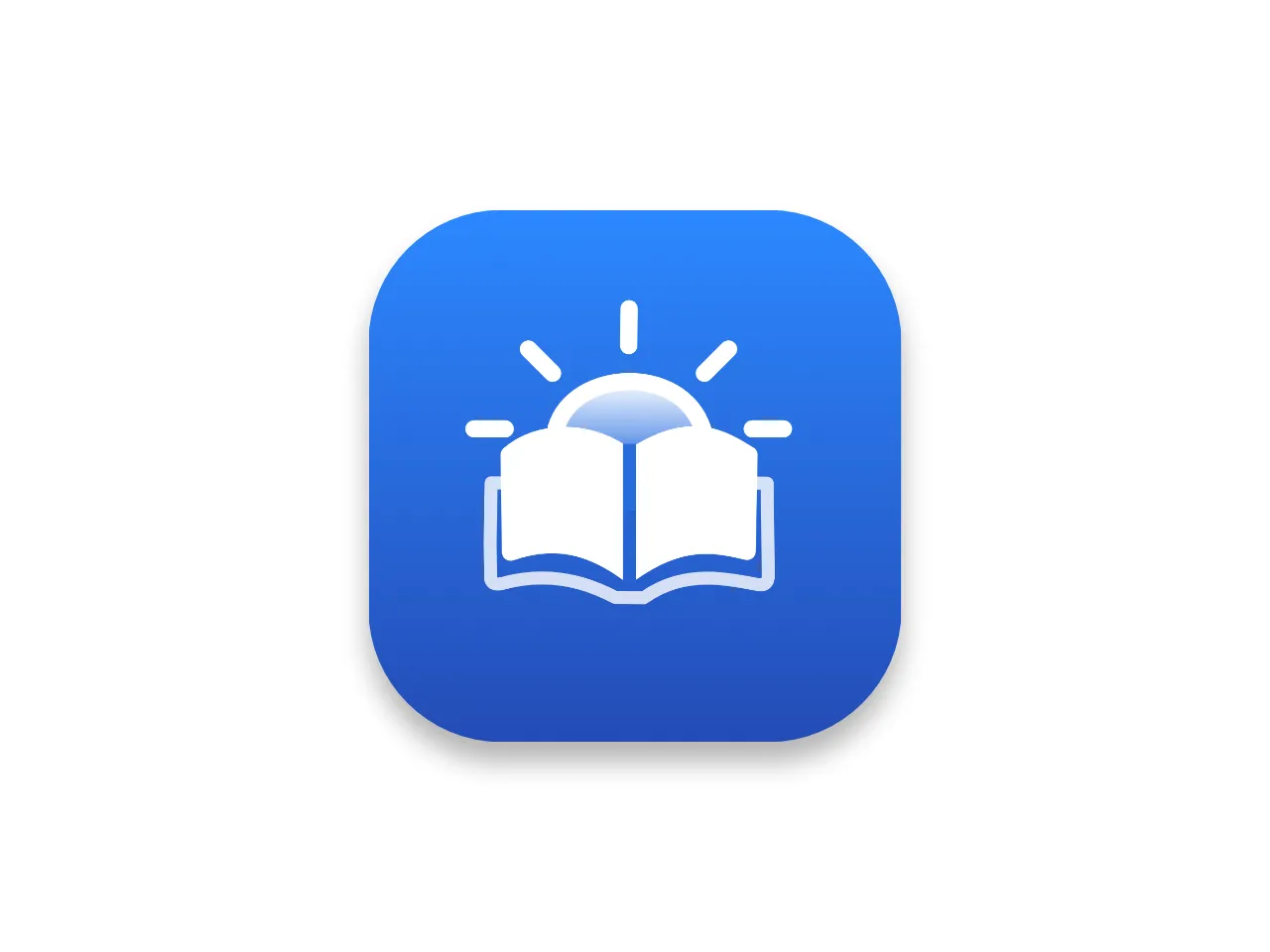 A simple app icon with an open book and a gradient sun behind it.