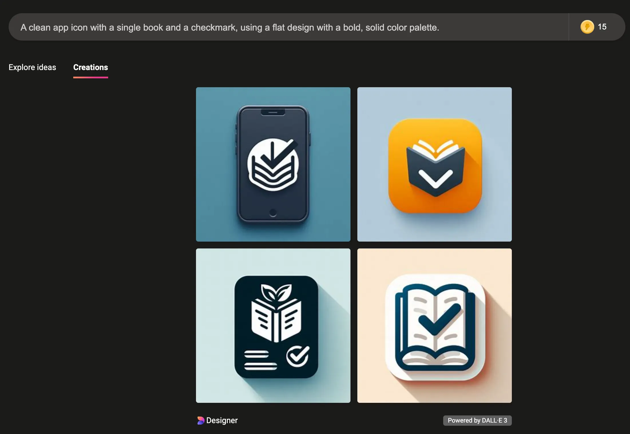 Four generated app icons with a book and a checkmark.