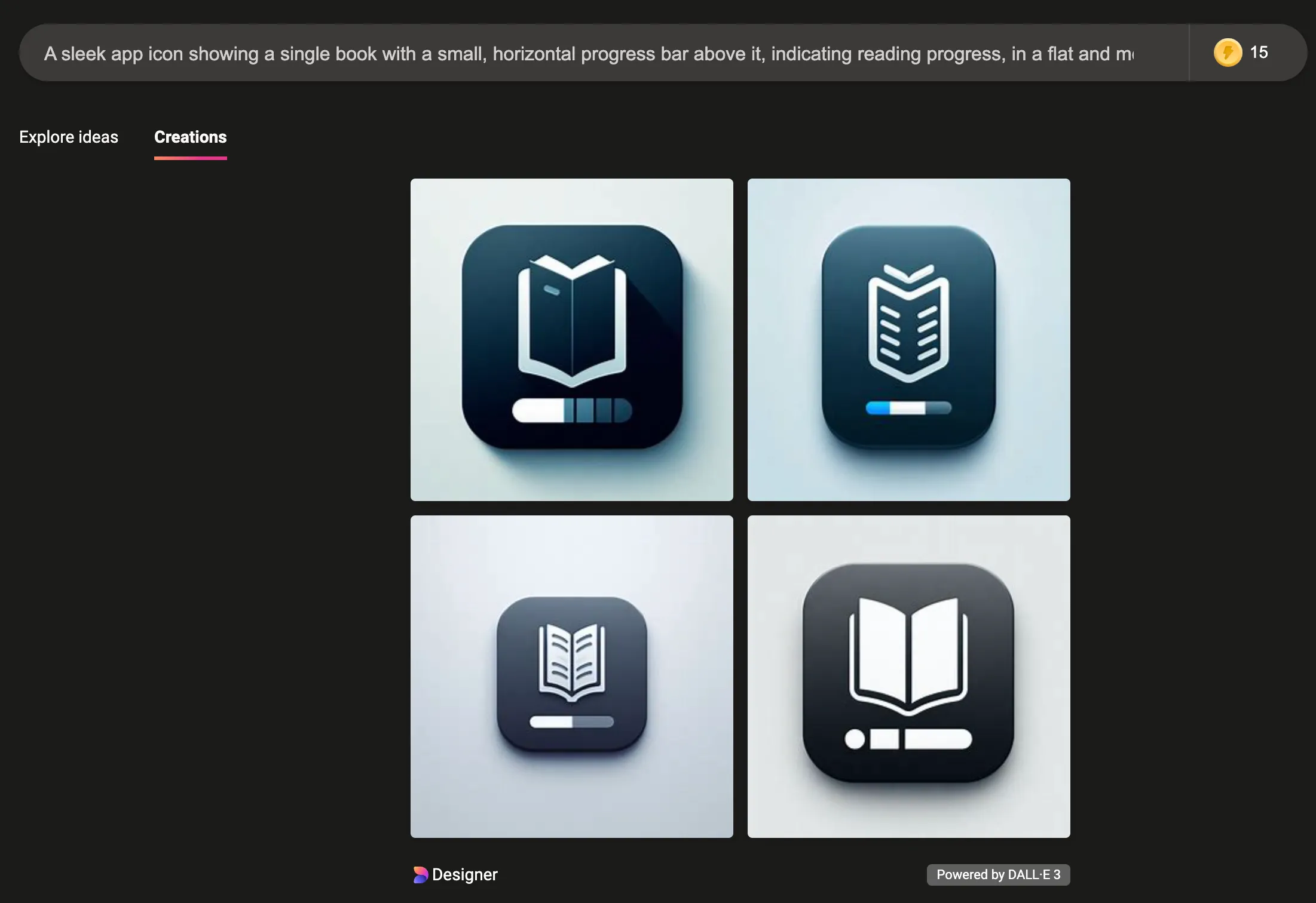 Four generated app icons with a book and a progress bar. The progress bar looks glitchy.