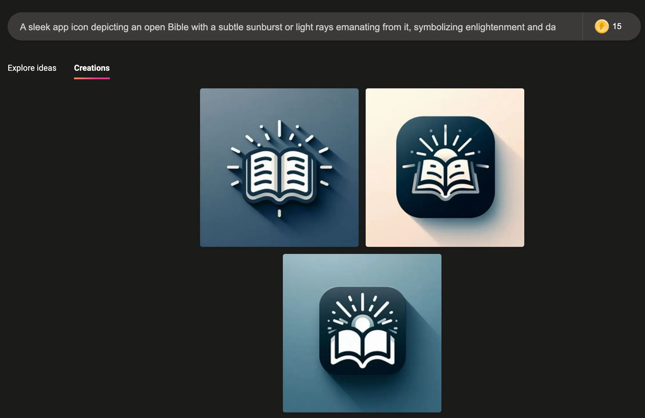 Three generated app icons with a book and a sun or ray of sunlight in a white and gray style.