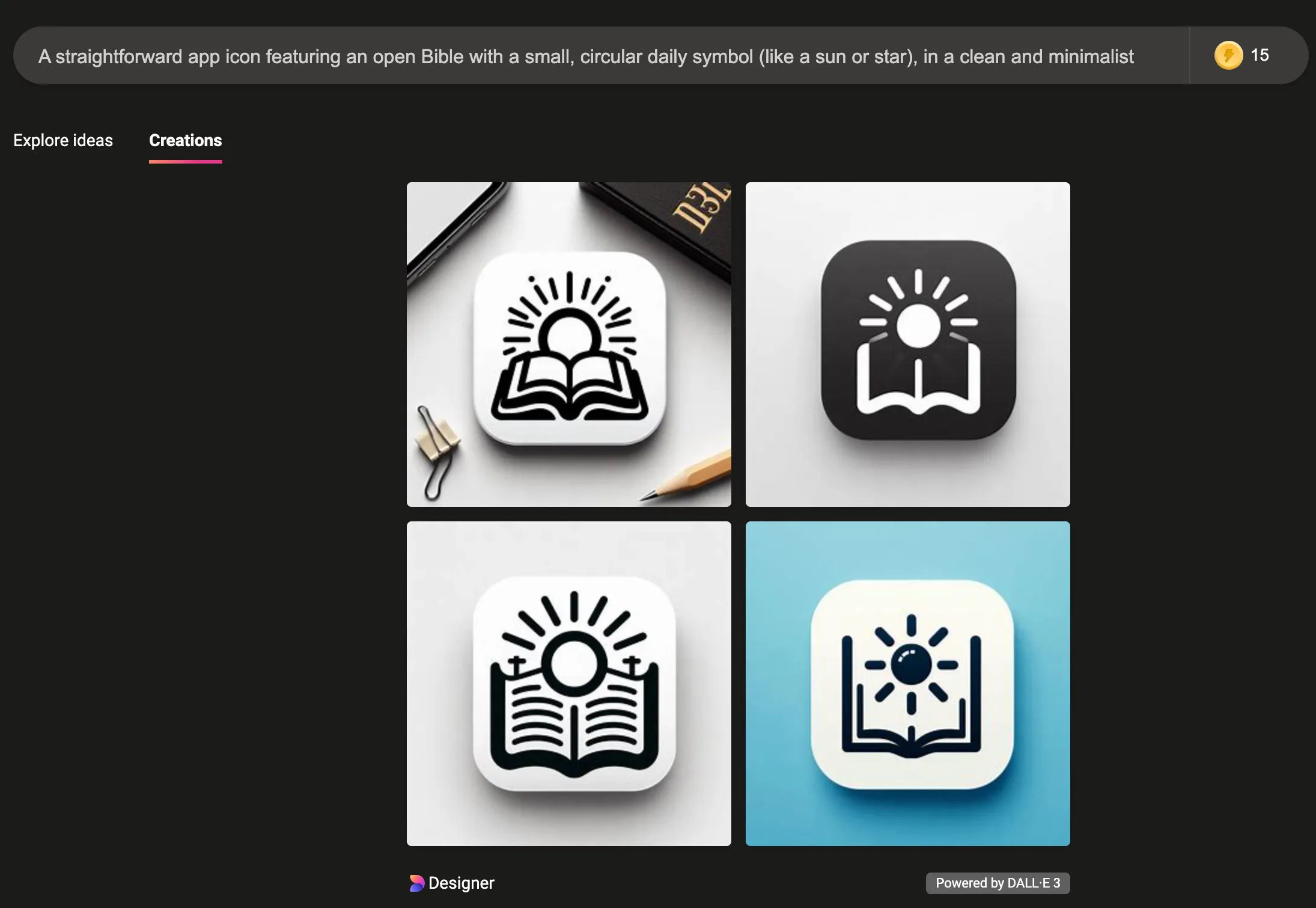 Four generated app icons with a book and a sun above it.