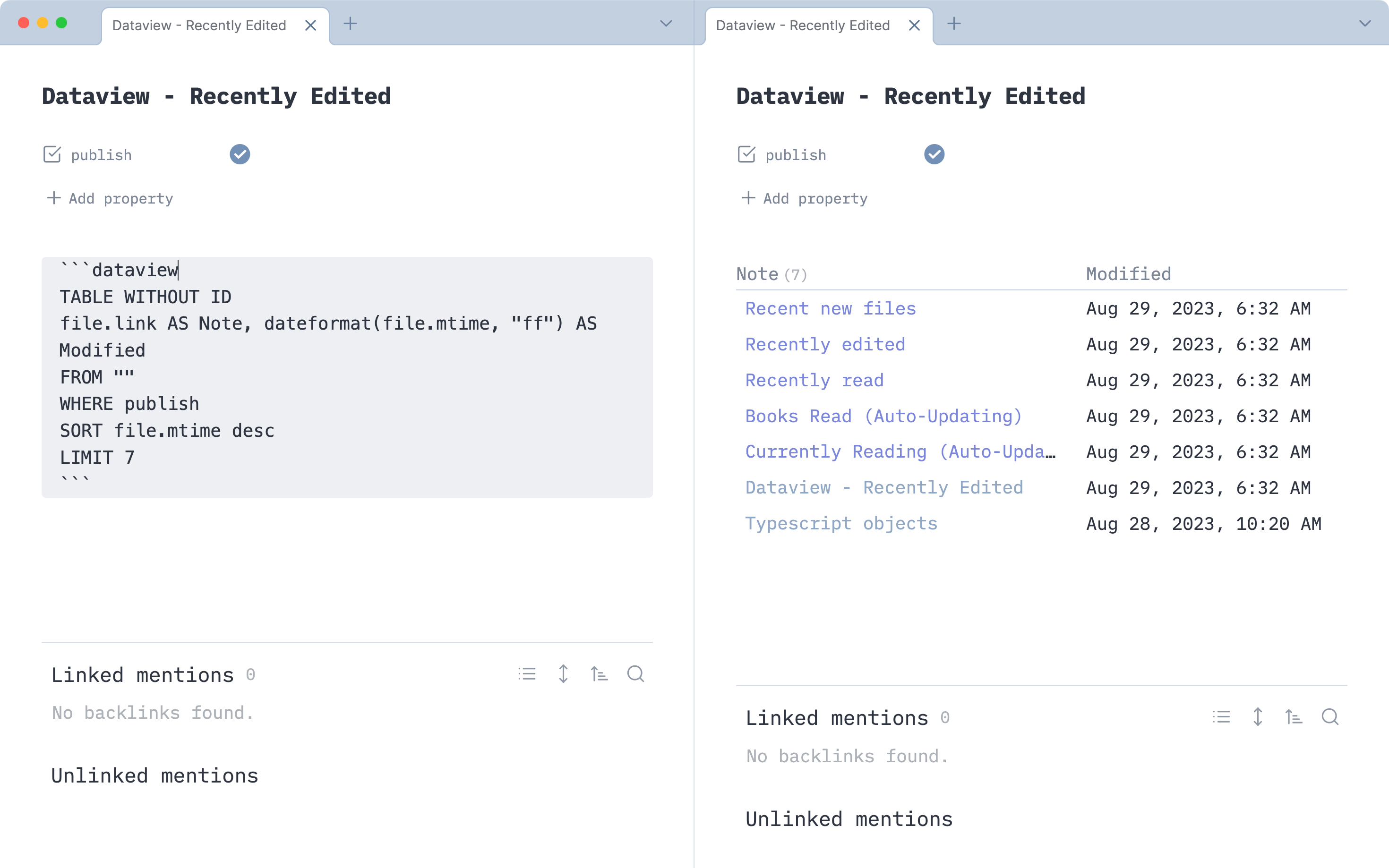 Split window of Obsidian with source mode dataview query on the left and the dynamic output on the right