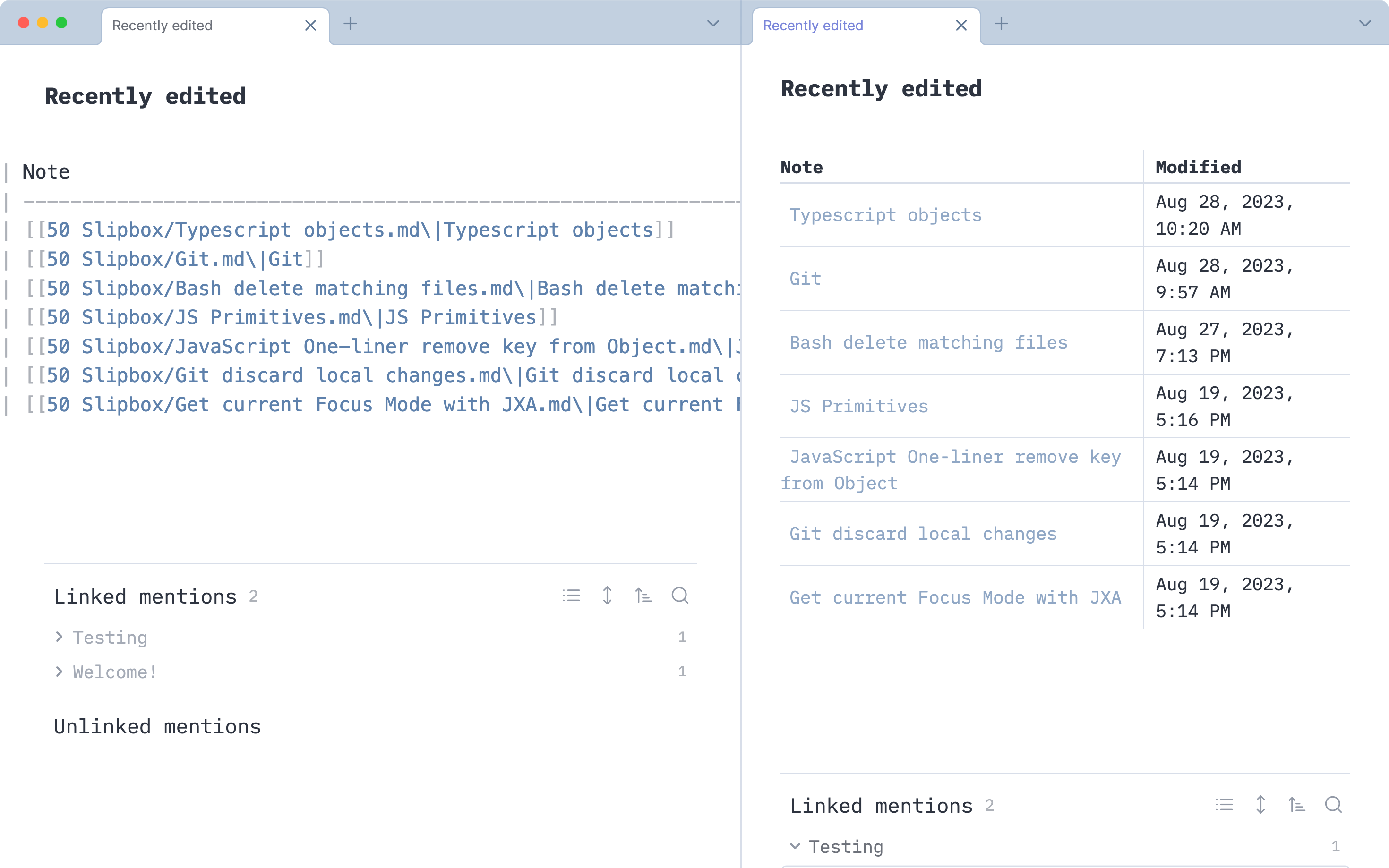 Split window of Obsidian where a static Markdown table is displayed on the left in source mode and the same table is shown on the right in preview mode.