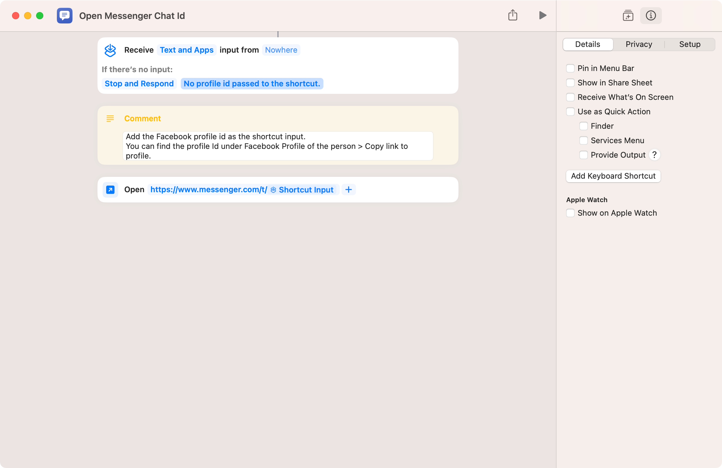 Screenshot of the Shortcut. First the Shortcut receives text, then opens a url specific to Facebook Messenger