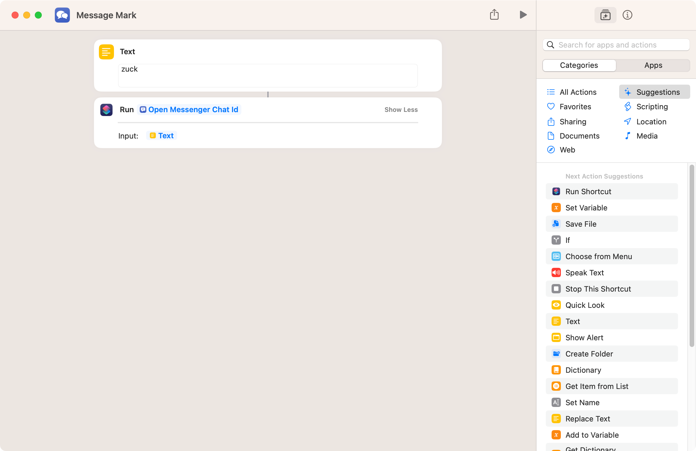 Shortcut where text 'zuck' is passed to the 'Open Messenger Chat Id' shortcut