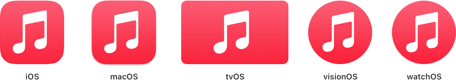 App icons with a simple white music symbol on a red gradient background.