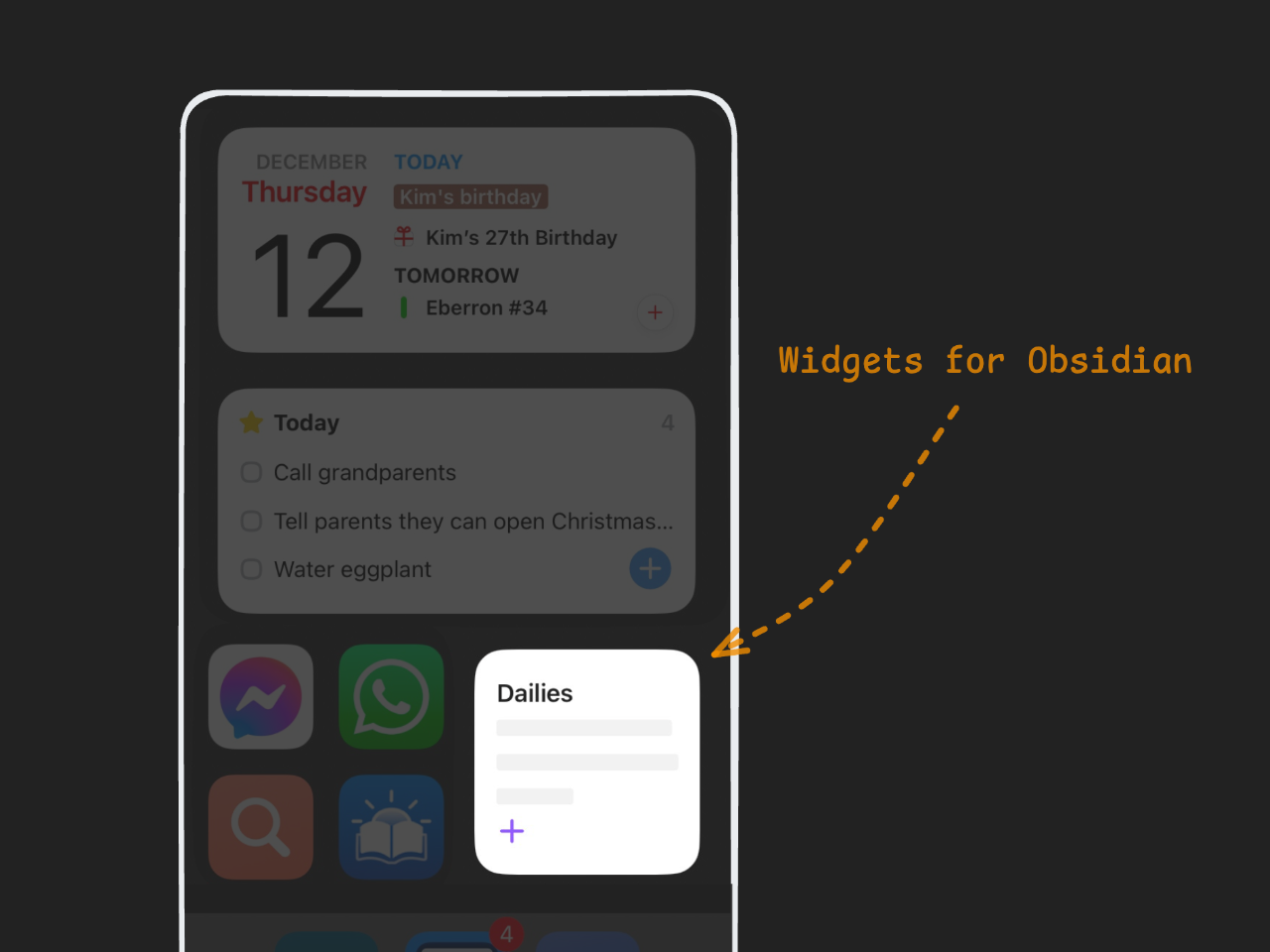 Mockup of an iPhone with a widget to capture to daily notes highlighted