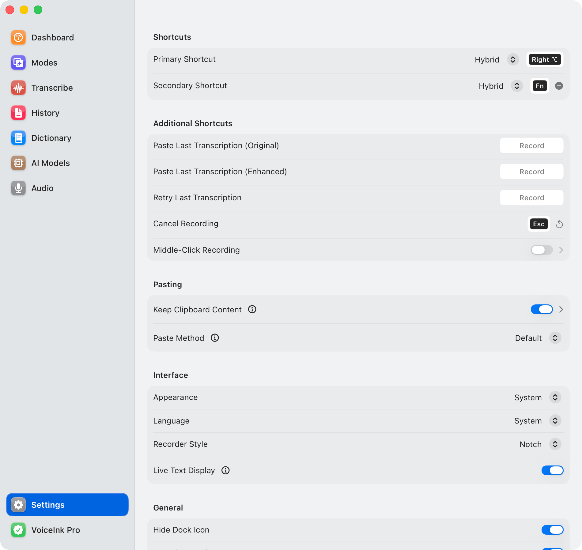 VoiceInk settings