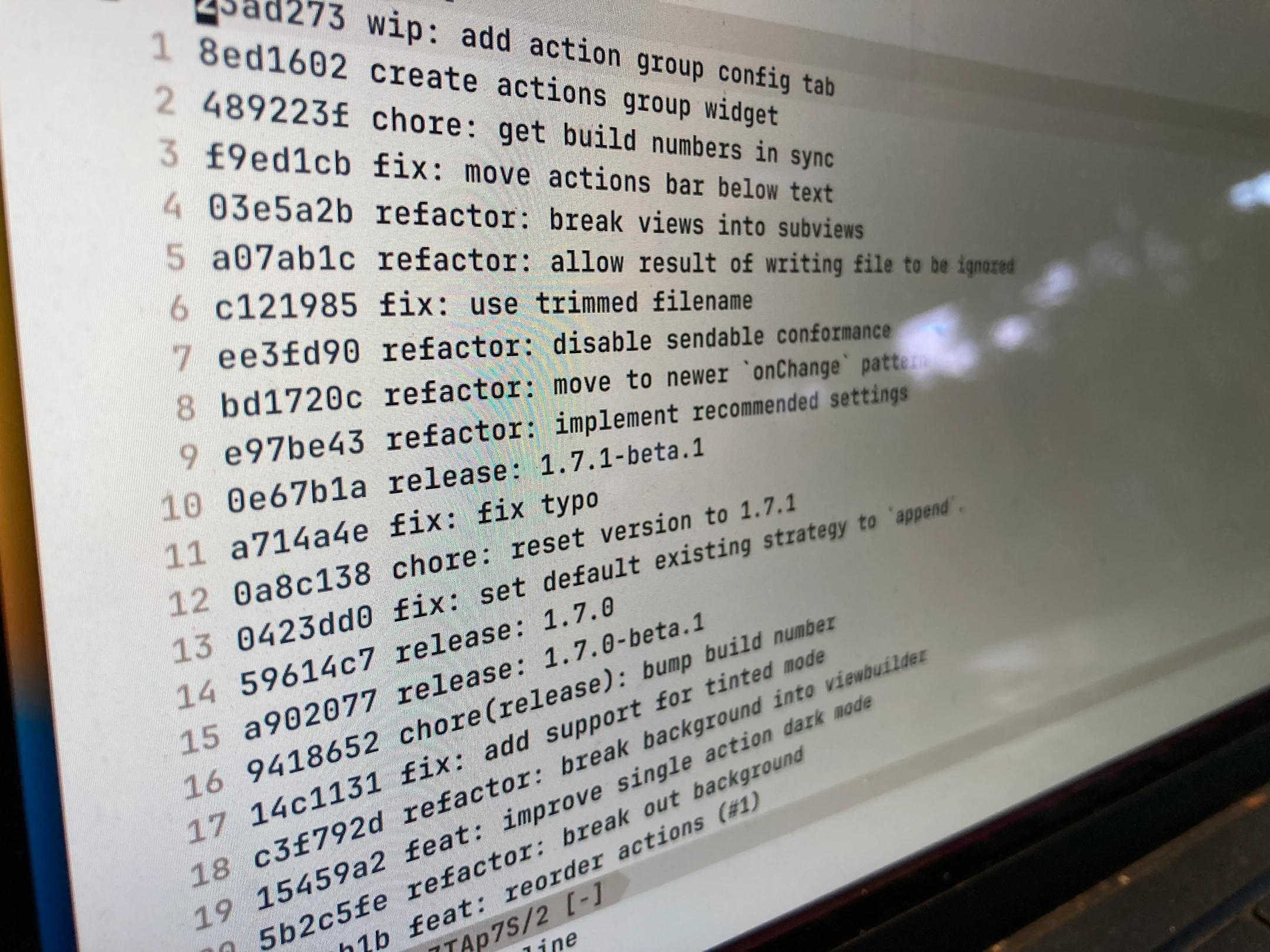 A list of git commits