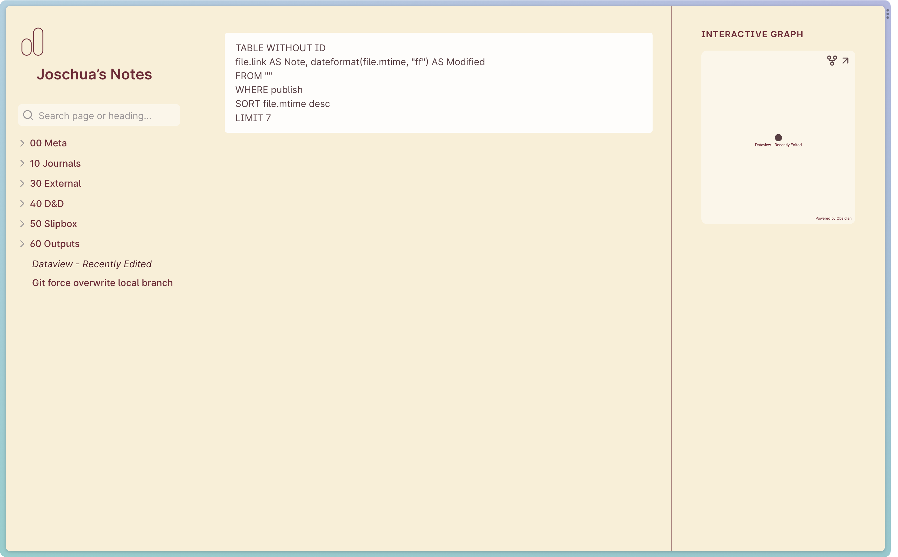Obsidian Publish site where the Dataview query code is displayed in a code block