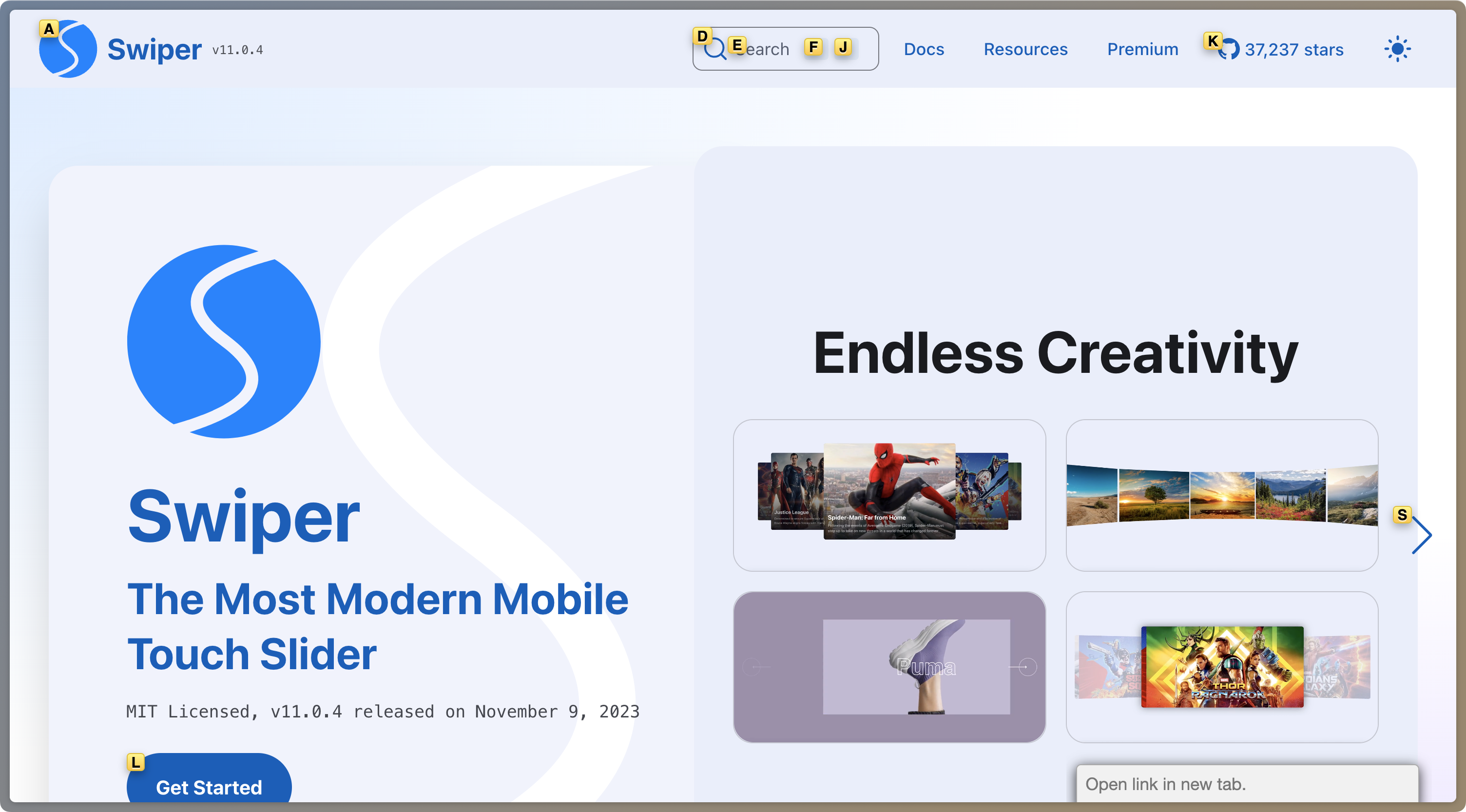 Swiper.js website, some links, like Search or Github are highlighted in Find Mode, others, like Docs and Resources, aren't