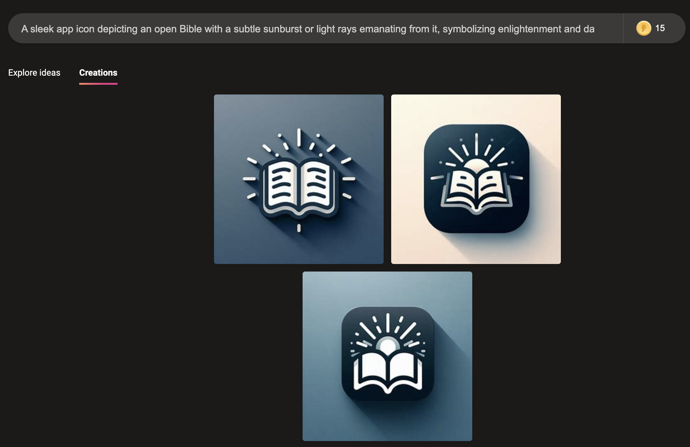 Three generated app icons with a book and a sun or ray of sunlight in a white and gray style.